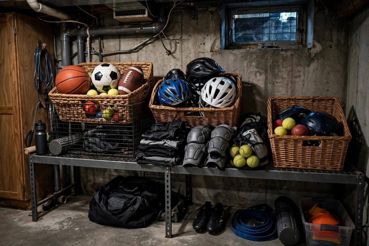 Sports equipment station with bins, hooks and baskets in a basement