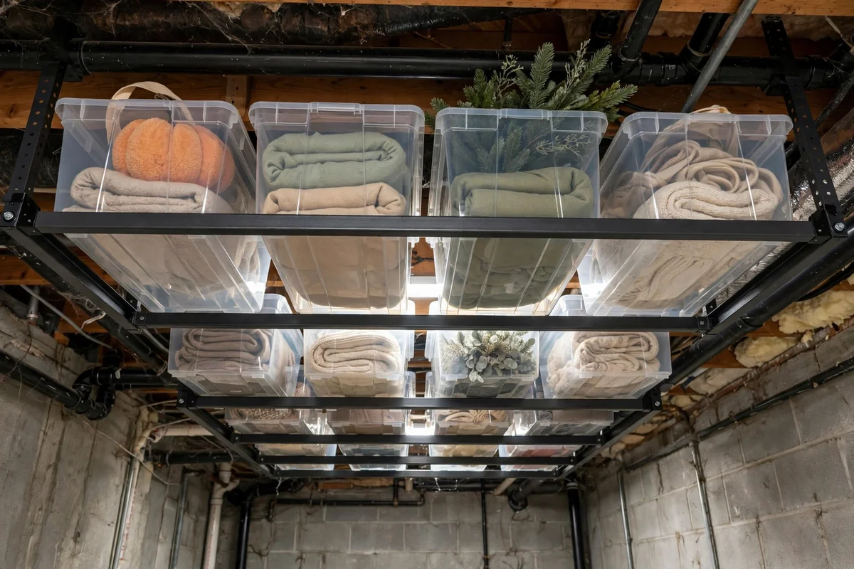 Overhead ceiling storage racks holding bins in a basement