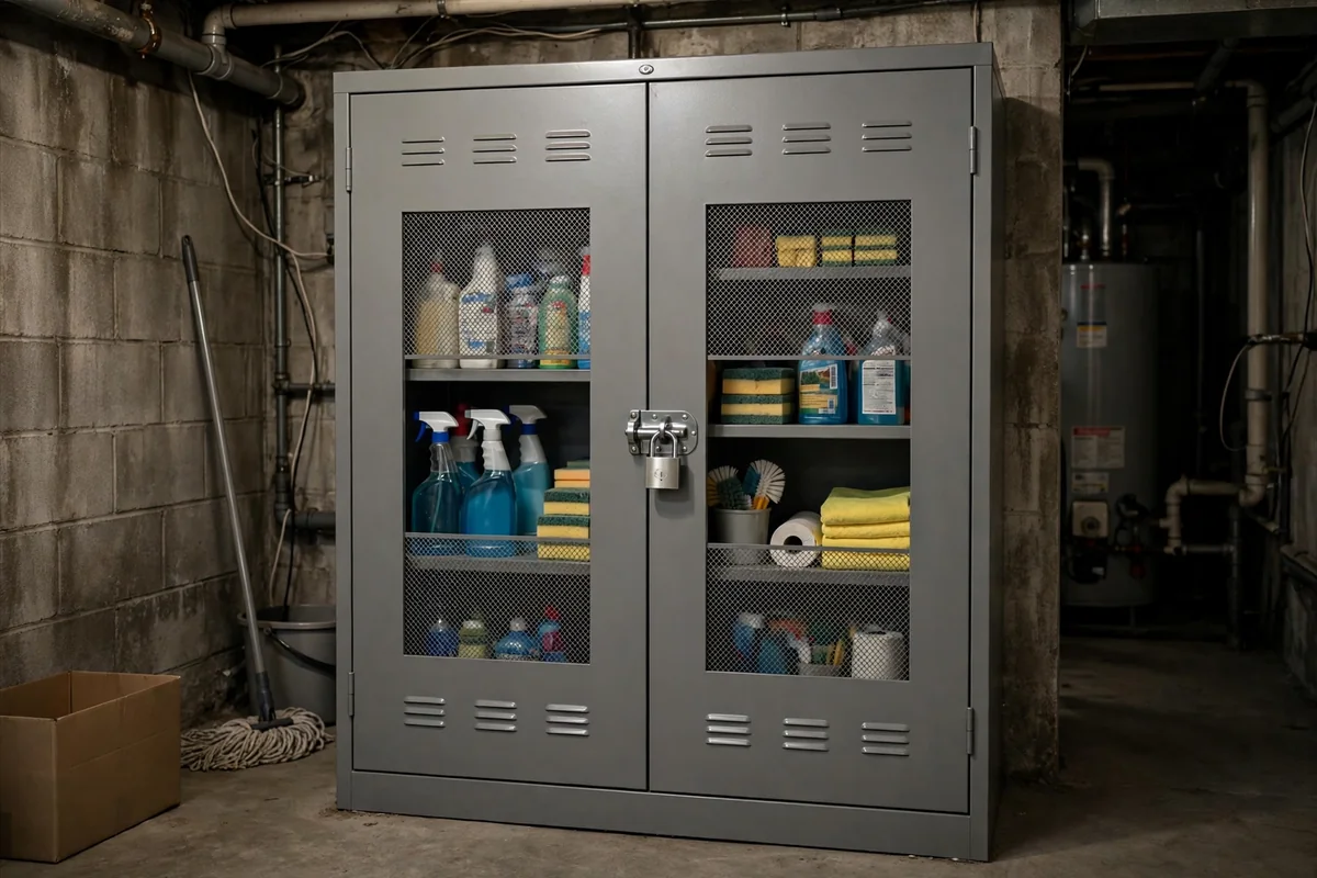 Lockable utility cabinet organizing cleaning supplies in a basement