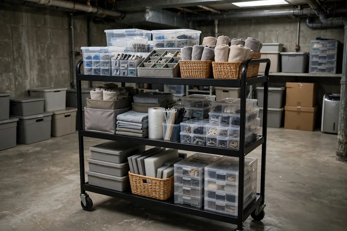 Rolling utility cart with organized supplies in a basement