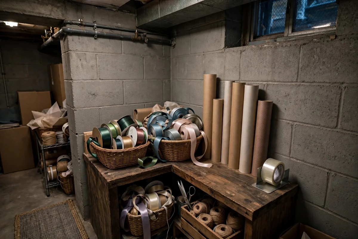 Compact gift-wrapping corner with paper rolls and supply baskets