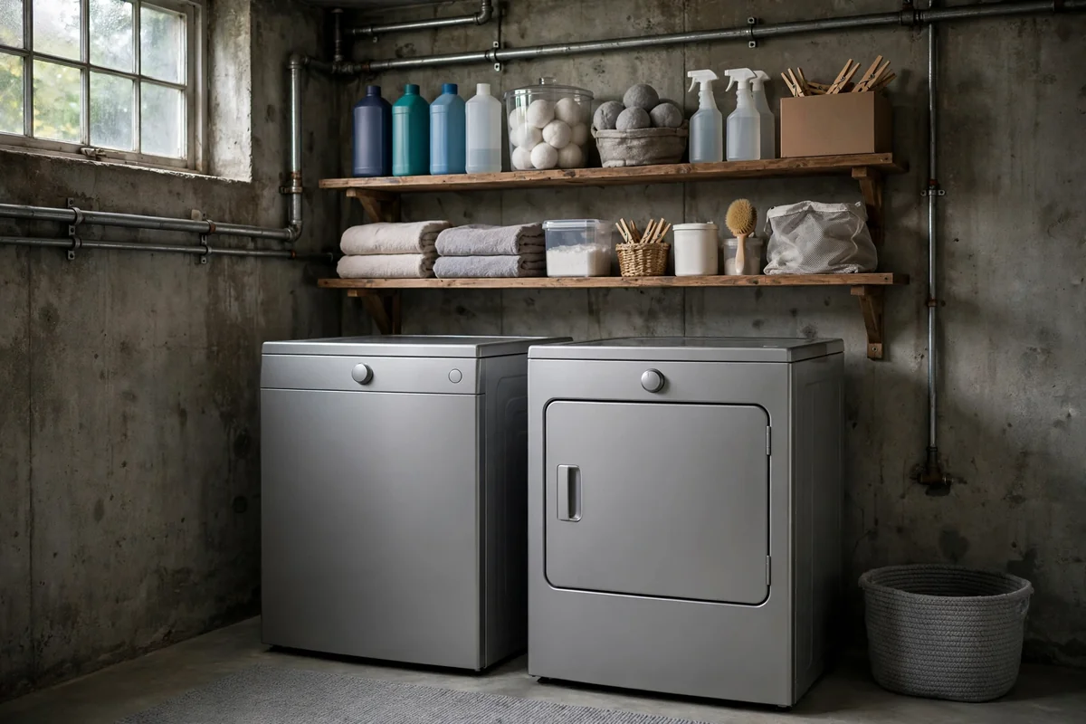 Laundry supply wall with shelves above basement washer and dryer