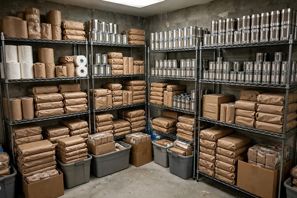 Bulk pantry overflow shelves with canned goods and dry staples