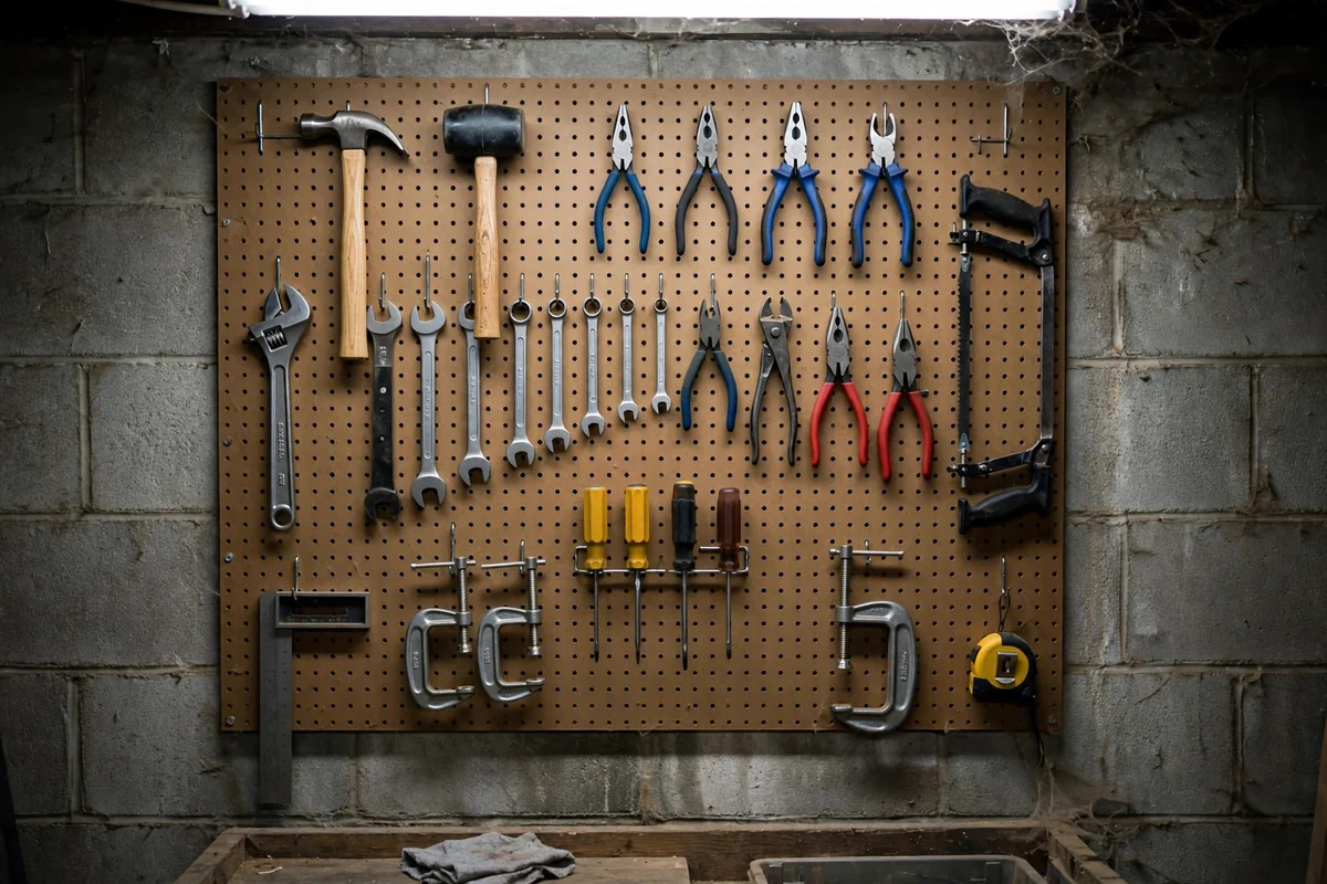 Pegboard tool wall with outlined tool silhouettes in a basement