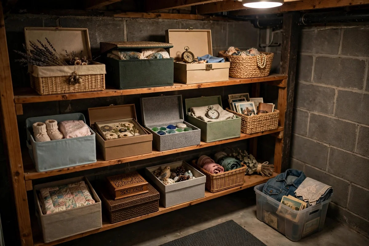 Labeled keepsake bins sorted by category on basement shelves