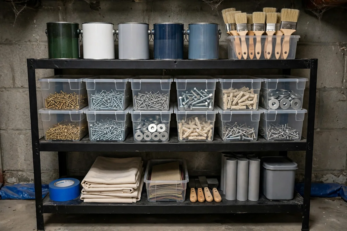Home improvement shelf with paint cans and divided supply bins