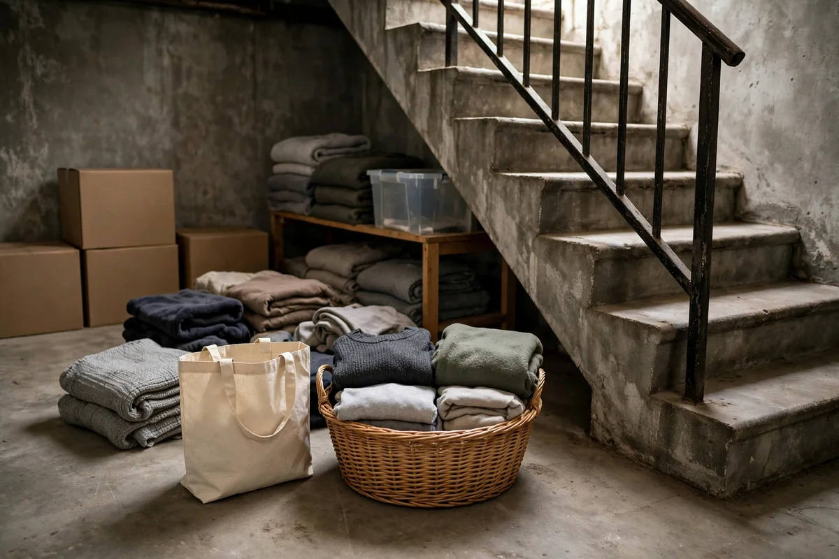 Donation drop zone with basket and tote near basement stairs