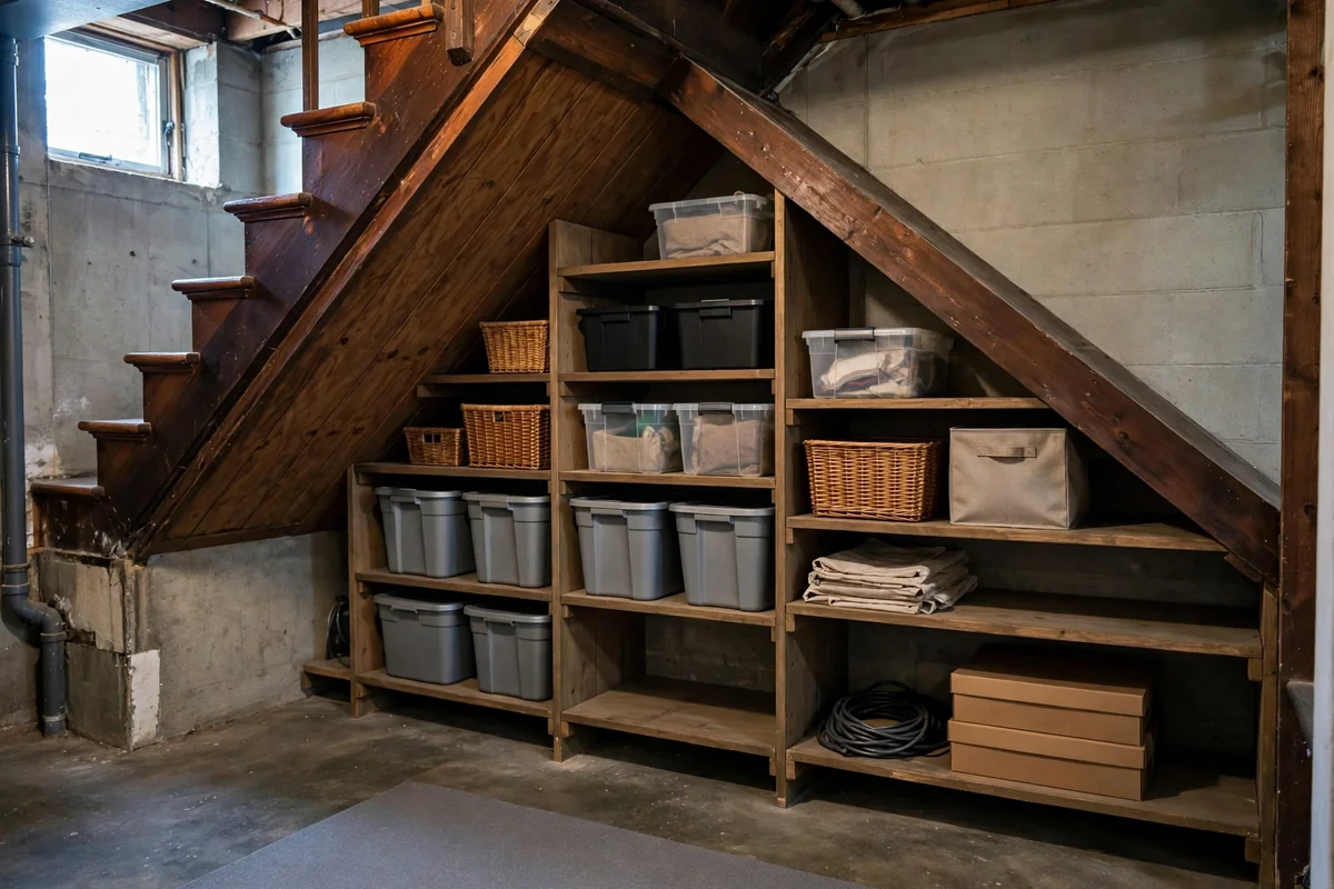Storage shelves and bins fitted under basement stairs