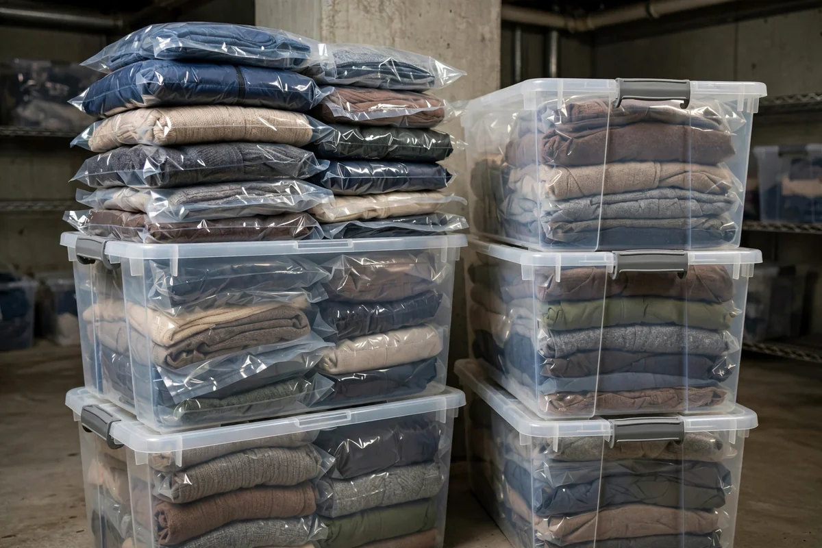 Vacuum sealed bags of seasonal clothing stacked in labeled totes