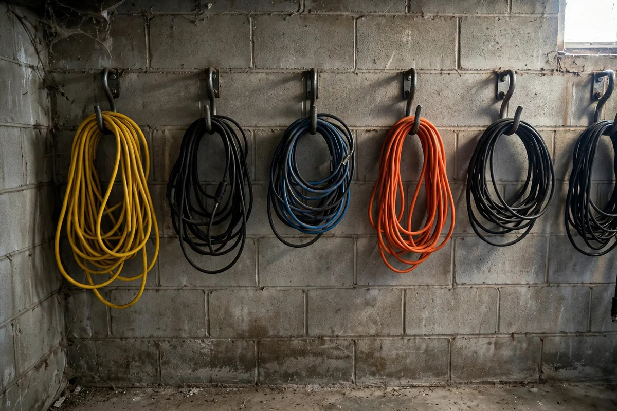 Extension cords coiled neatly on heavy-duty wall hooks