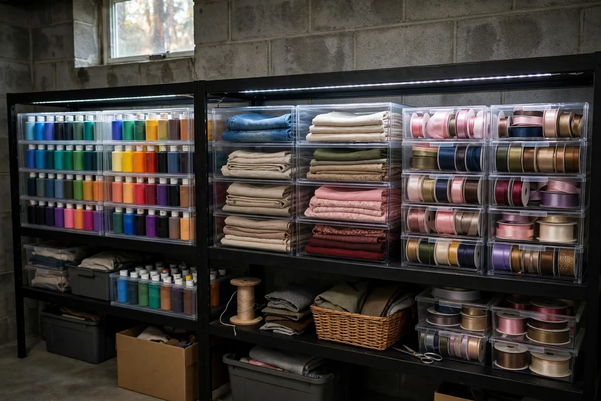 Craft supply station with clear drawers sorted by material
