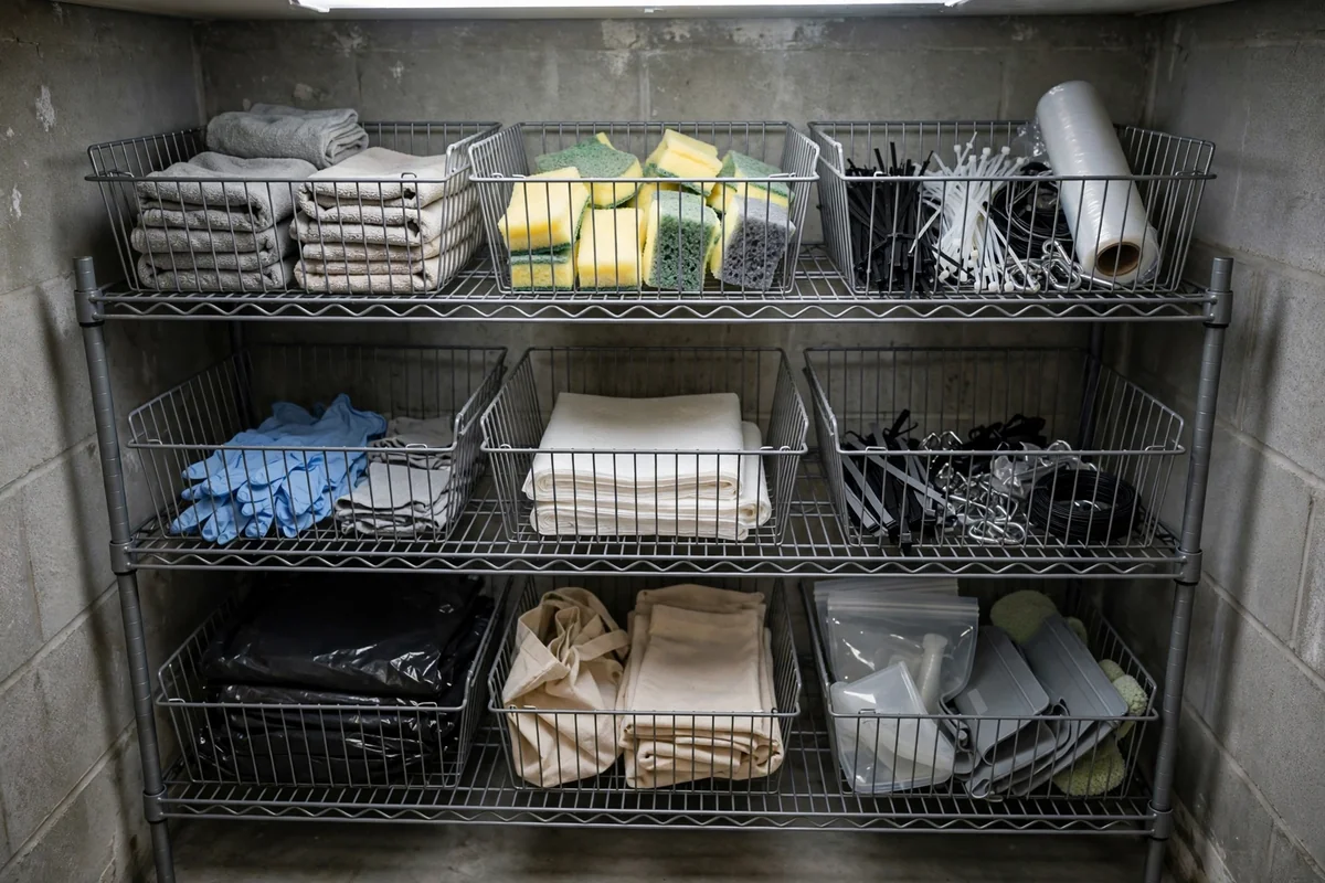 Open wire baskets holding everyday grab-and-go items