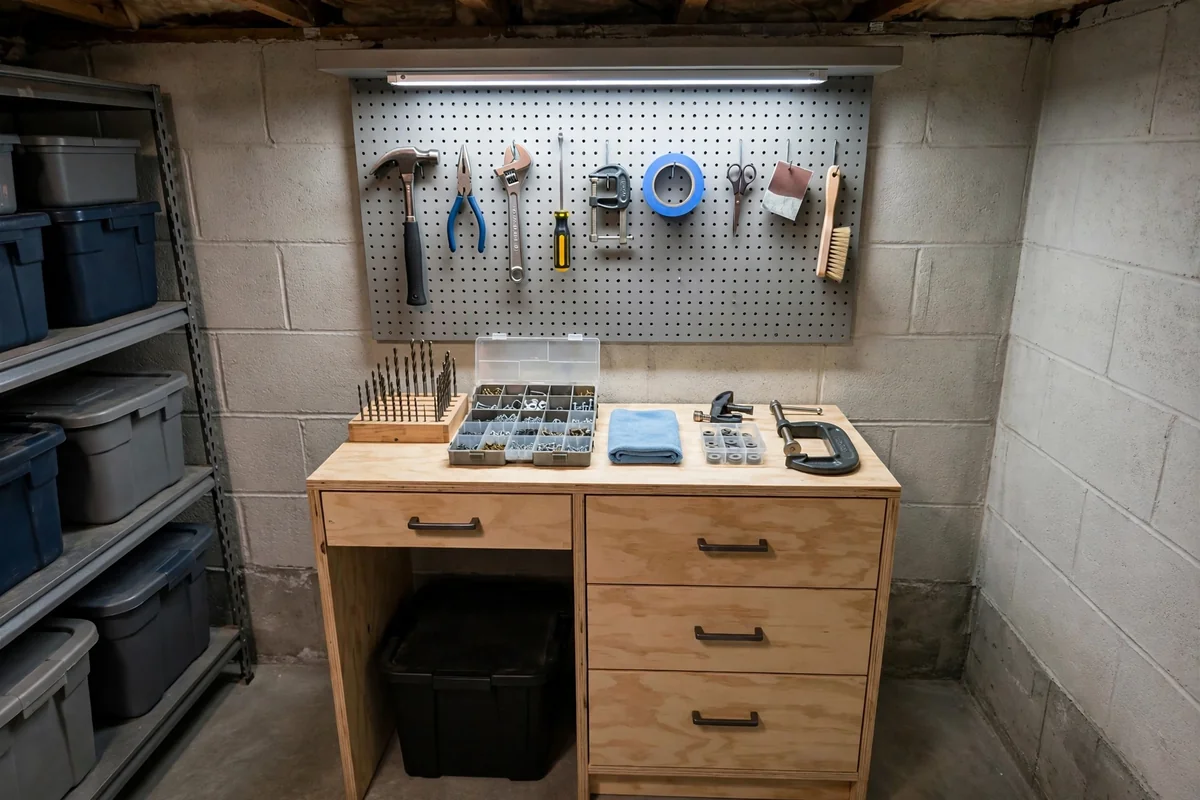 Compact DIY workbench with pegboard and drawers in a basement