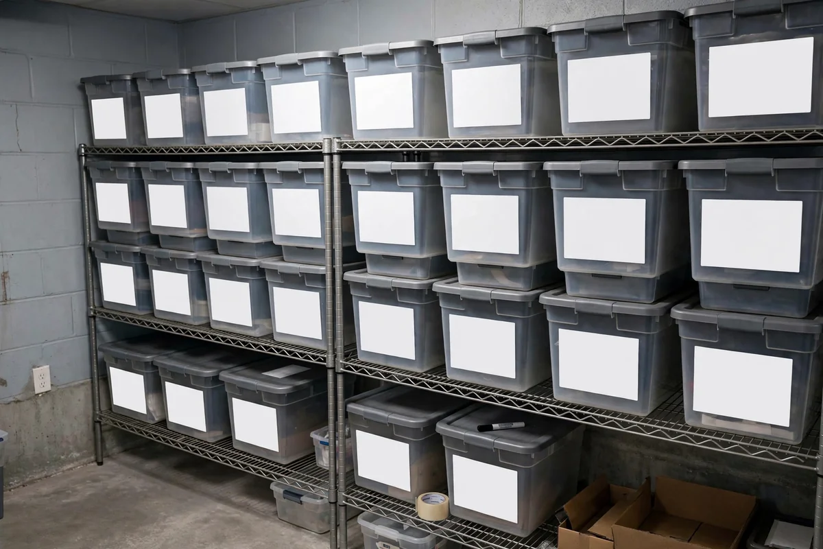 Uniform printed labels on matching basement storage bins