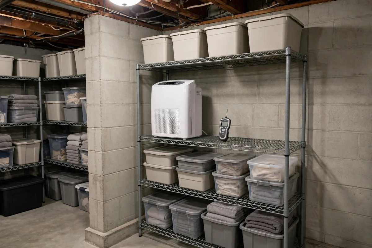 Dehumidifier and raised shelving protecting basement storage from moisture
