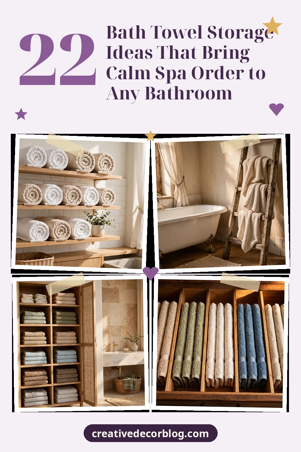 Pinterest pin with four bath towel storage photos and the article title