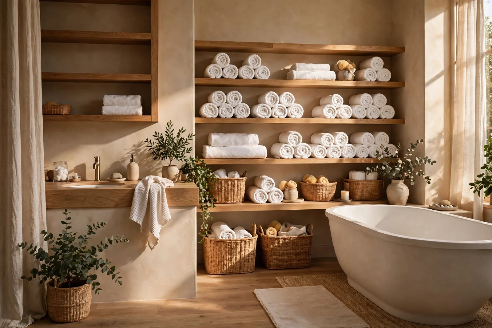 Serene spa inspired bathroom with rolled towels on open oak shelves and woven baskets