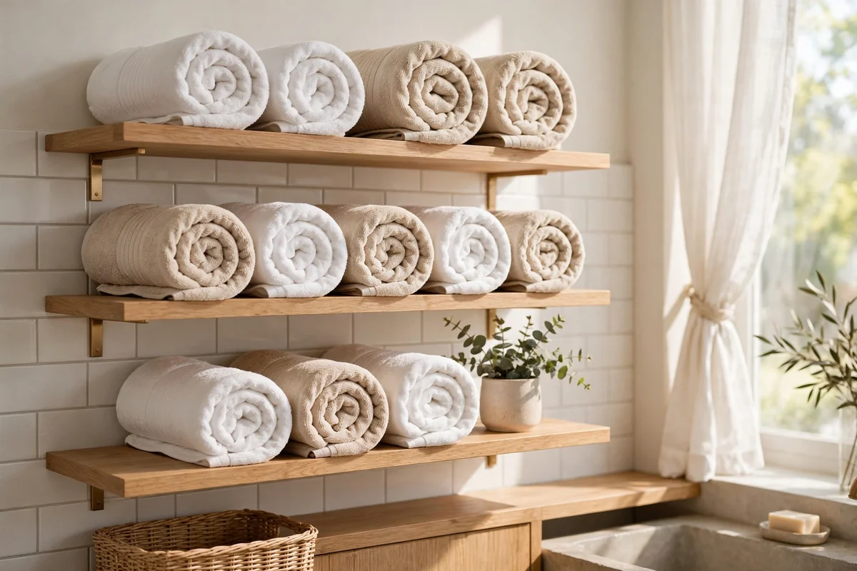 Rolled white and oatmeal towels arranged on open light oak shelves