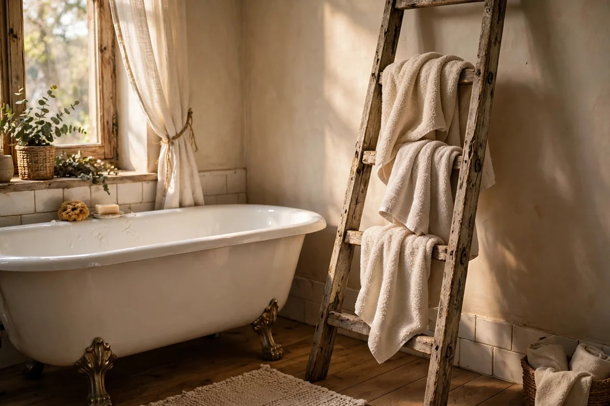 Weathered wooden ladder leaning by a tub with towels draped over its rungs