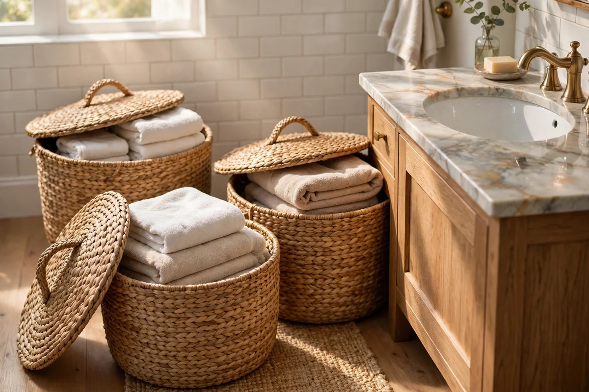 Seagrass baskets with lids holding spare folded towels beside a vanity