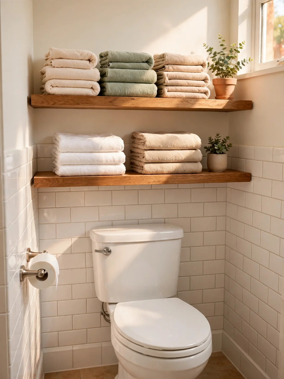 Floating wooden shelves above a toilet holding folded towel stacks