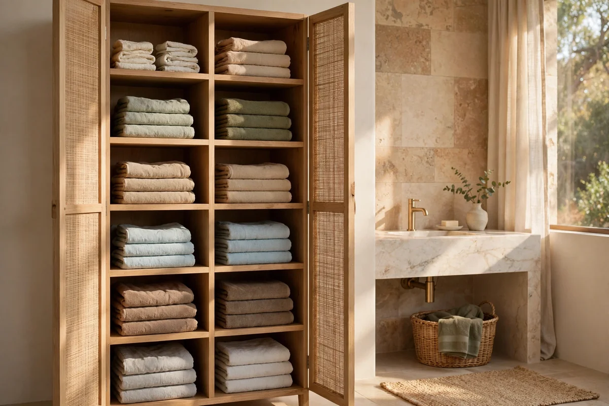 Linen cabinet with open cubbies holding different towel sizes
