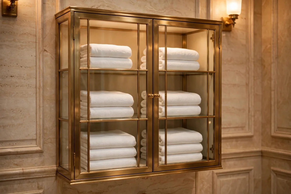 Glass fronted cabinet displaying neatly folded white towels