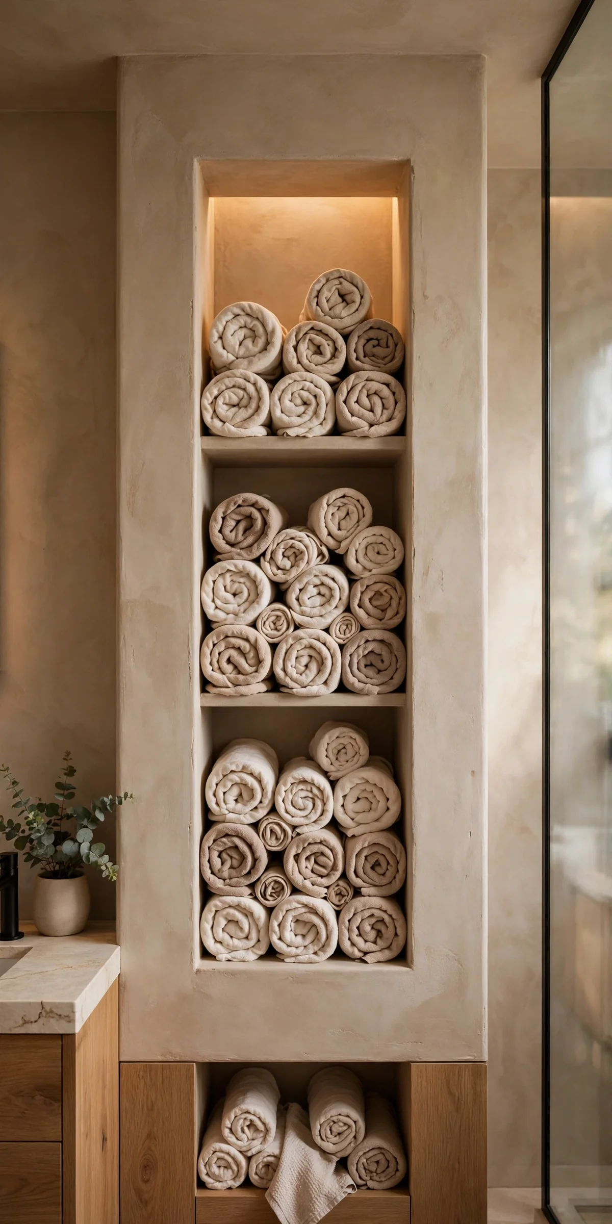 Tall recessed wall niche filled with rolled towels and soft lighting