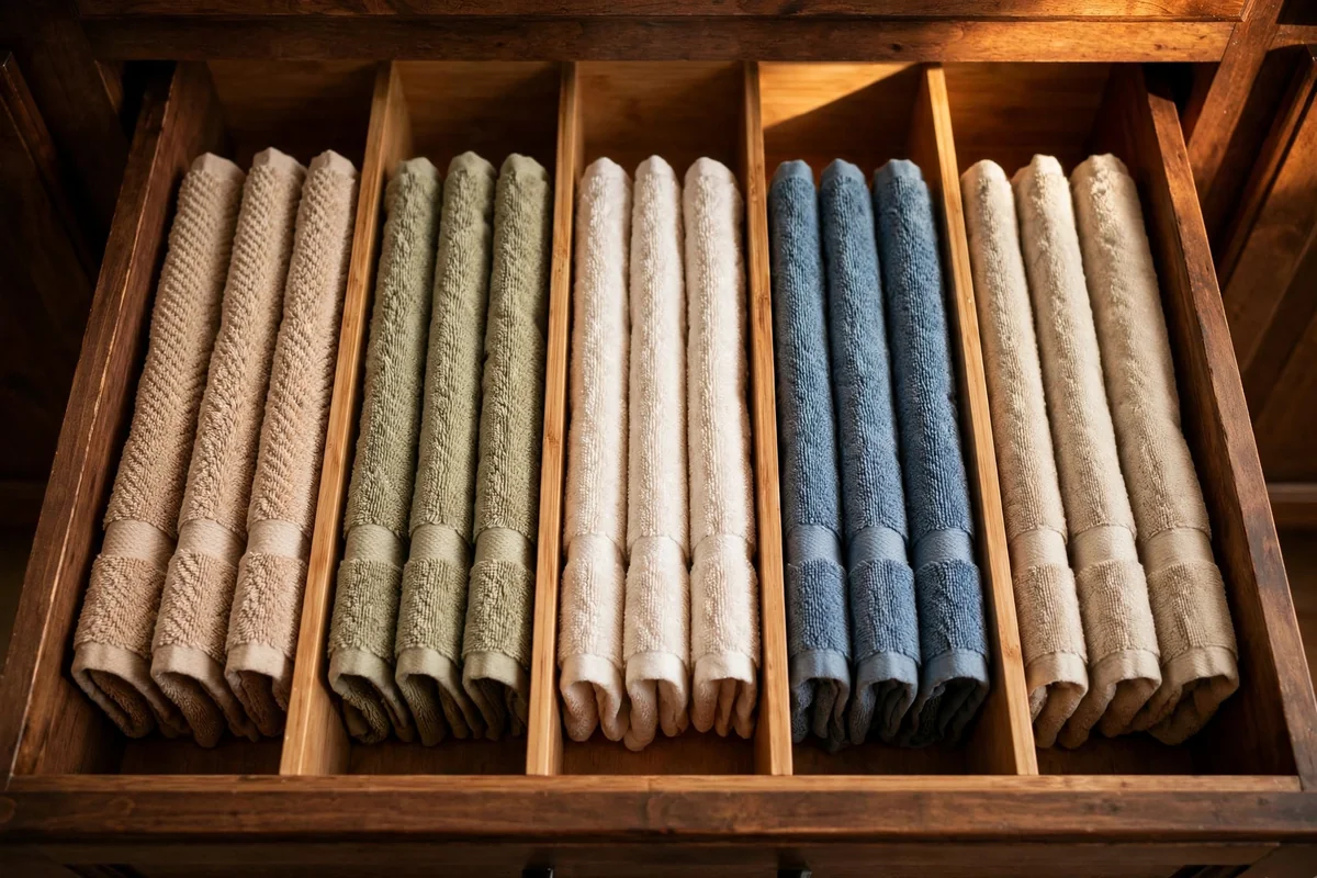 Open vanity drawer with hand towels filed upright in neat rows