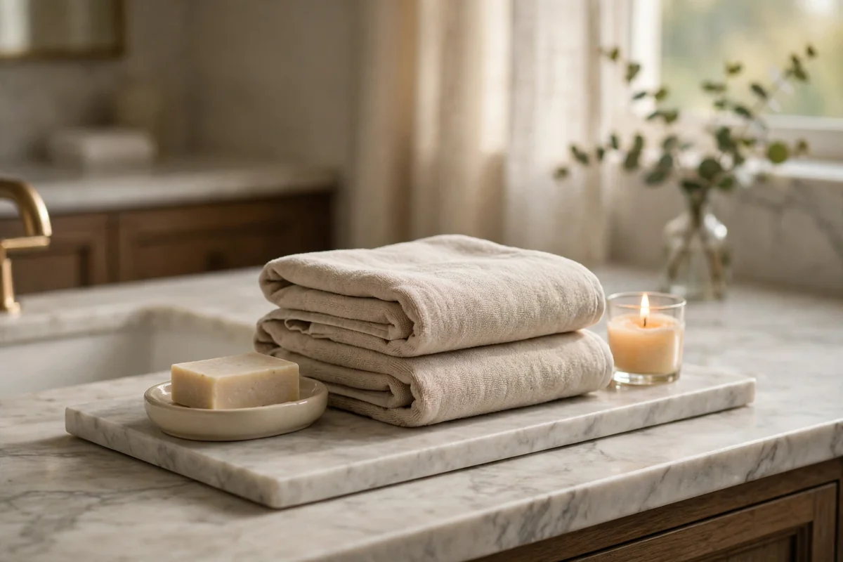 Folded guest towels on a marble tray with a candle and soap dish