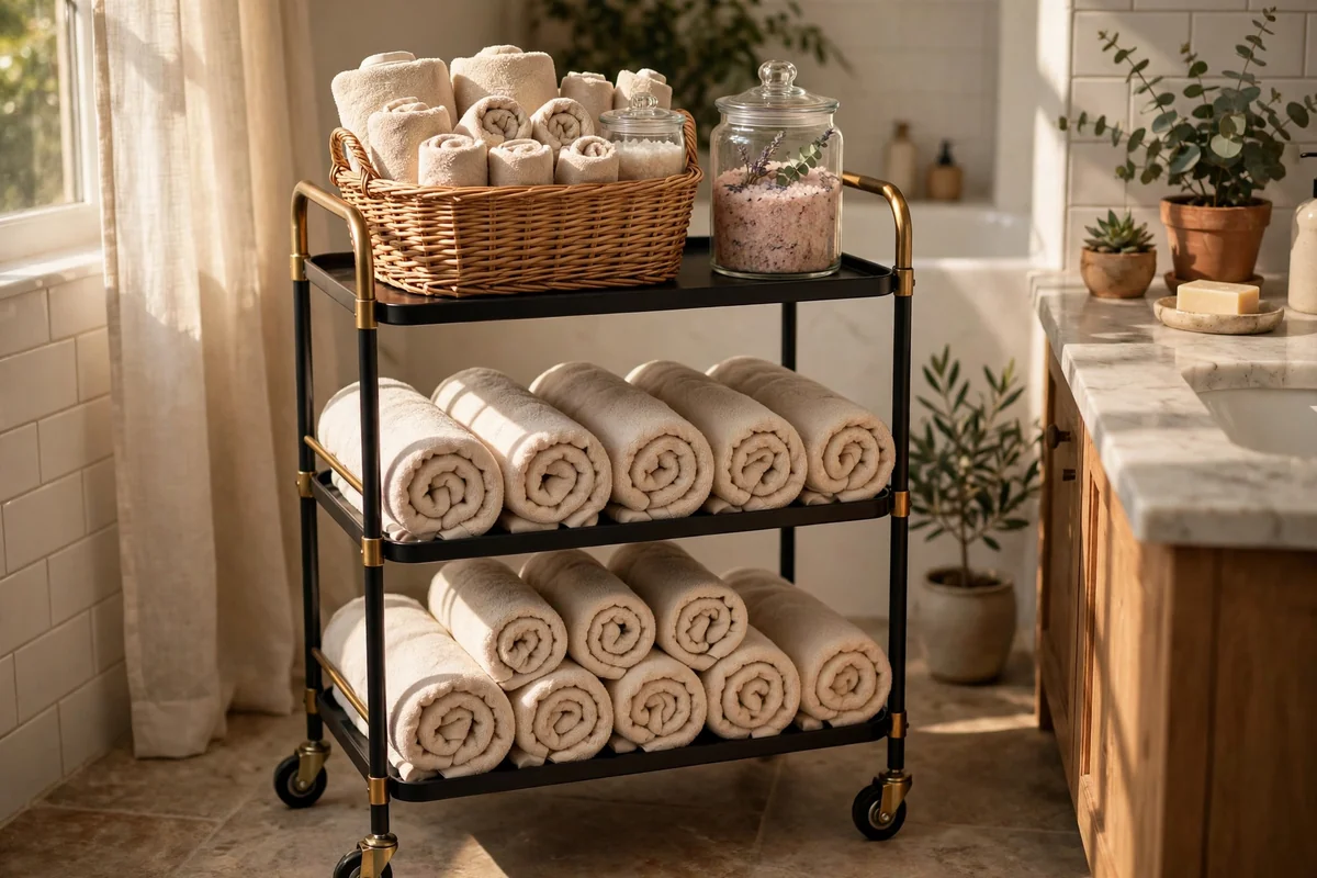Three tier rolling cart holding rolled towels and bath essentials