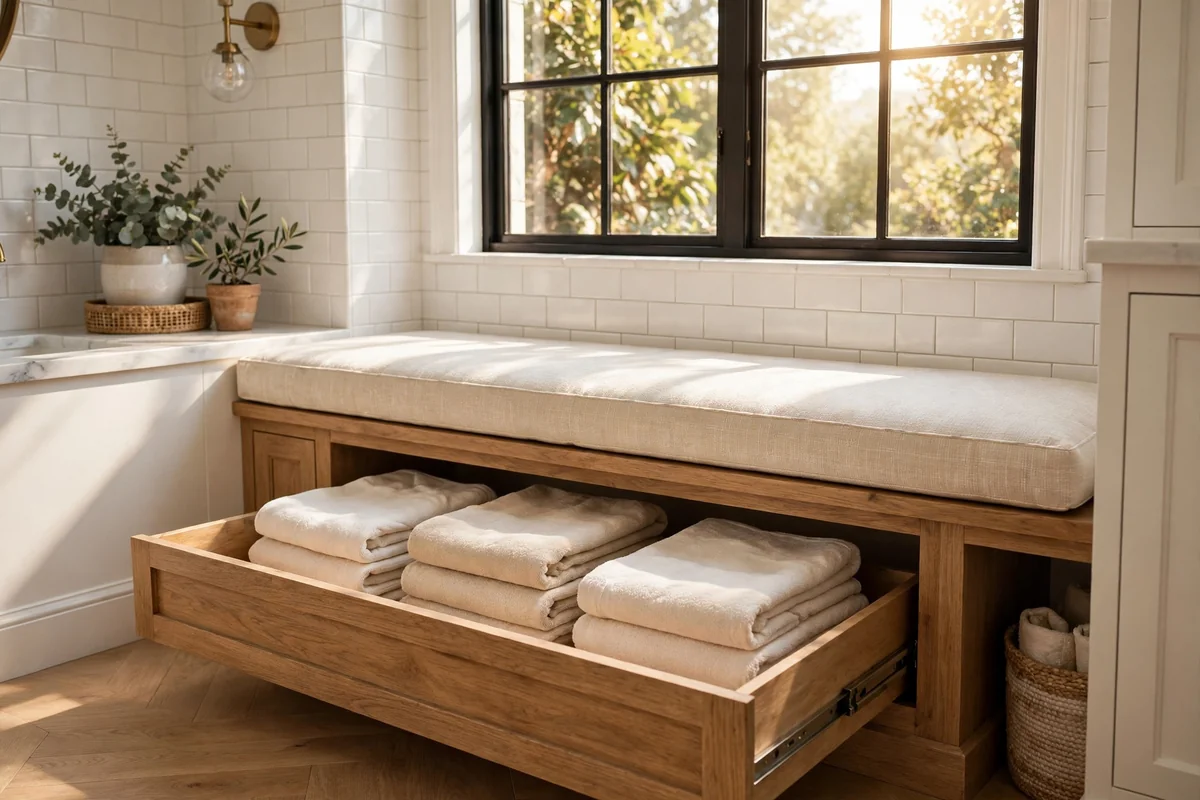 Window bench with an open storage drawer full of folded spare towels