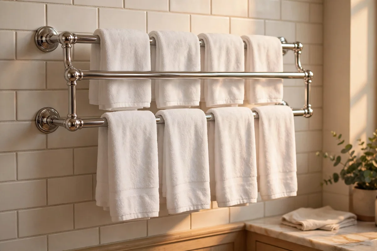 Double level towel bar holding two rows of white towels