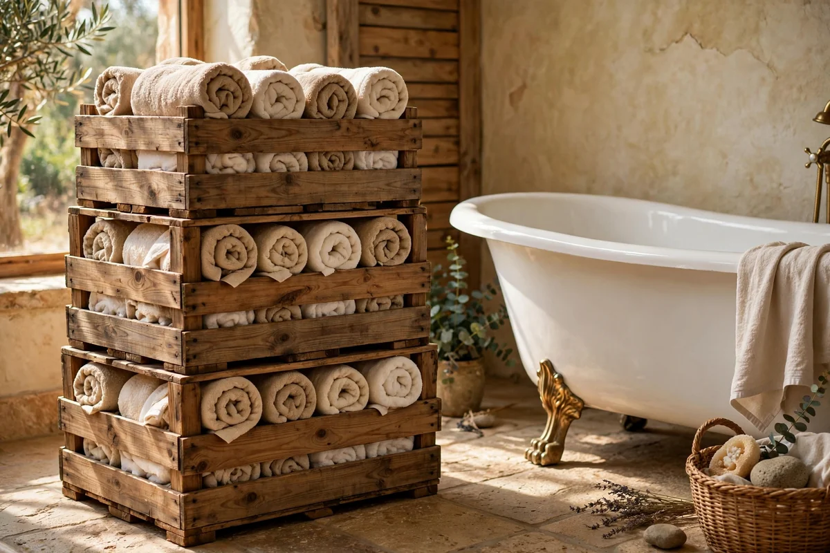 Stacked wooden crates filled with rolled towels beside a freestanding tub
