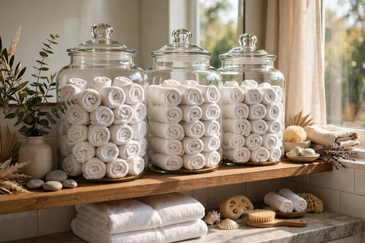 Clear glass jars filled with rolled white washcloths on a shelf
