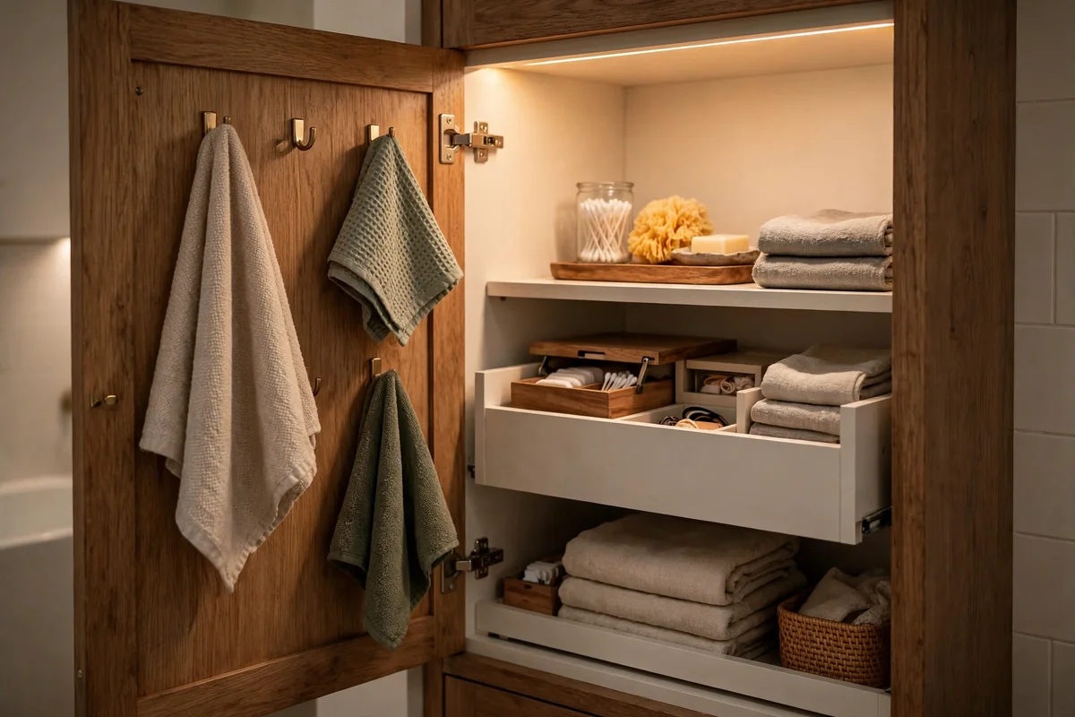 Open cabinet door with hooks inside holding hand towels
