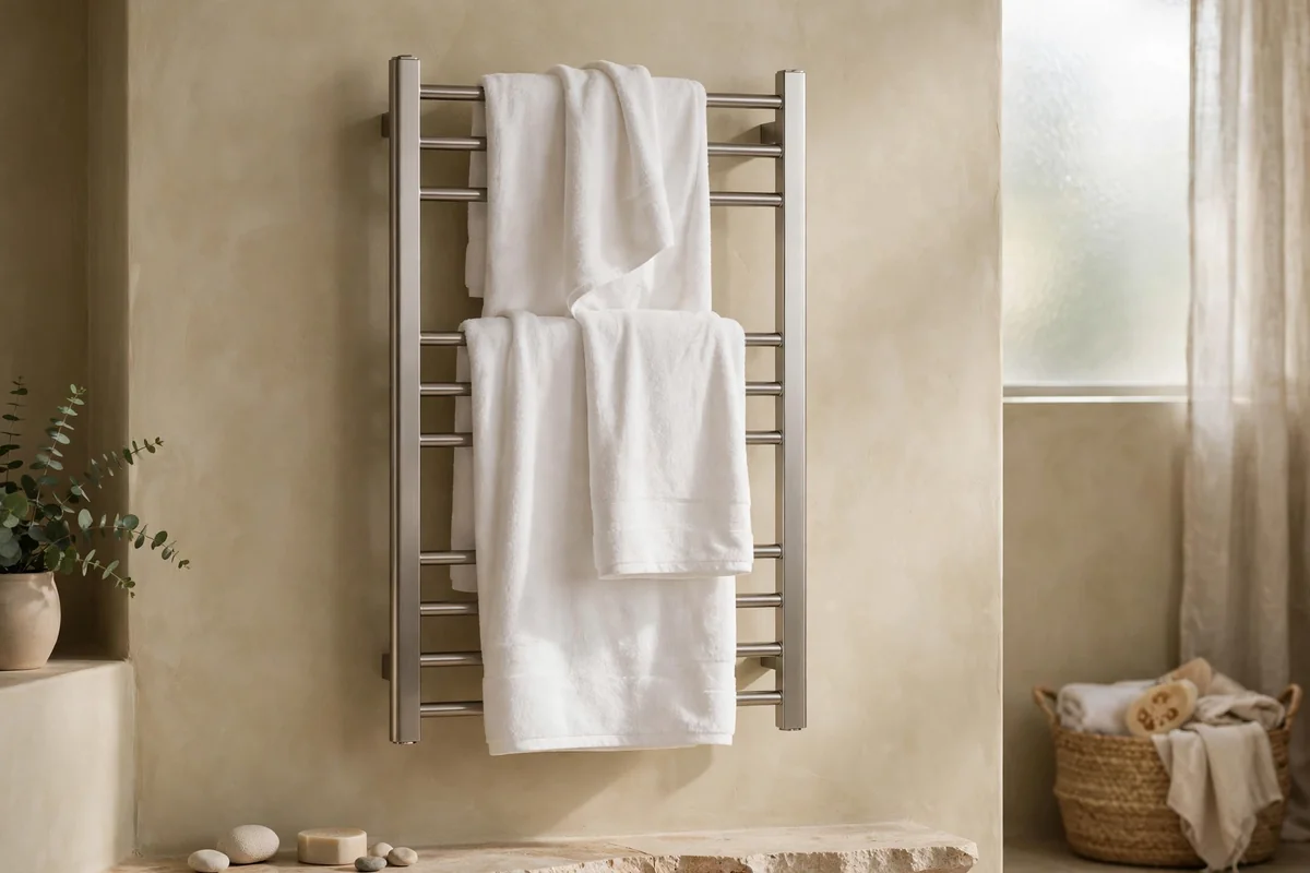 Slim heated towel rail holding draped white towels