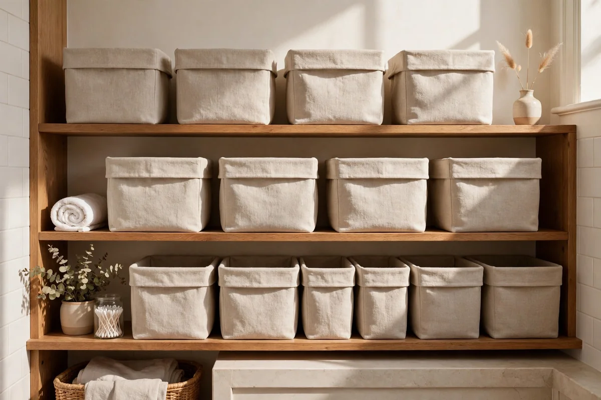 Open shelves lined with matching neutral linen storage bins
