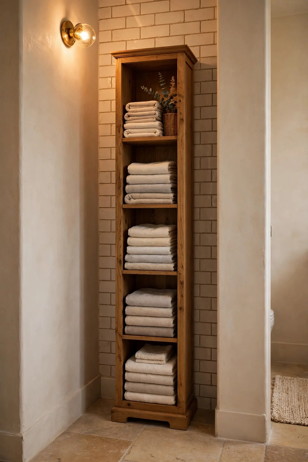 Tall narrow towel cabinet tucked into a bathroom alcove