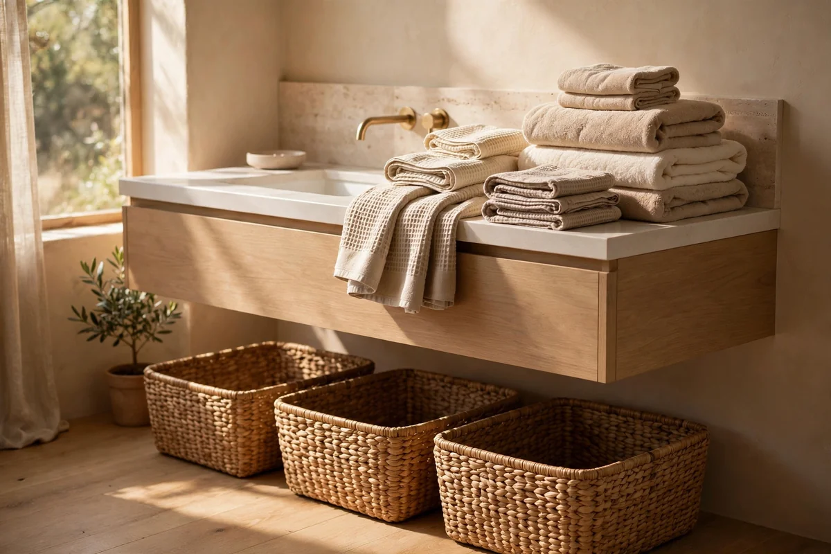 Low woven baskets beneath a floating vanity holding extra towels