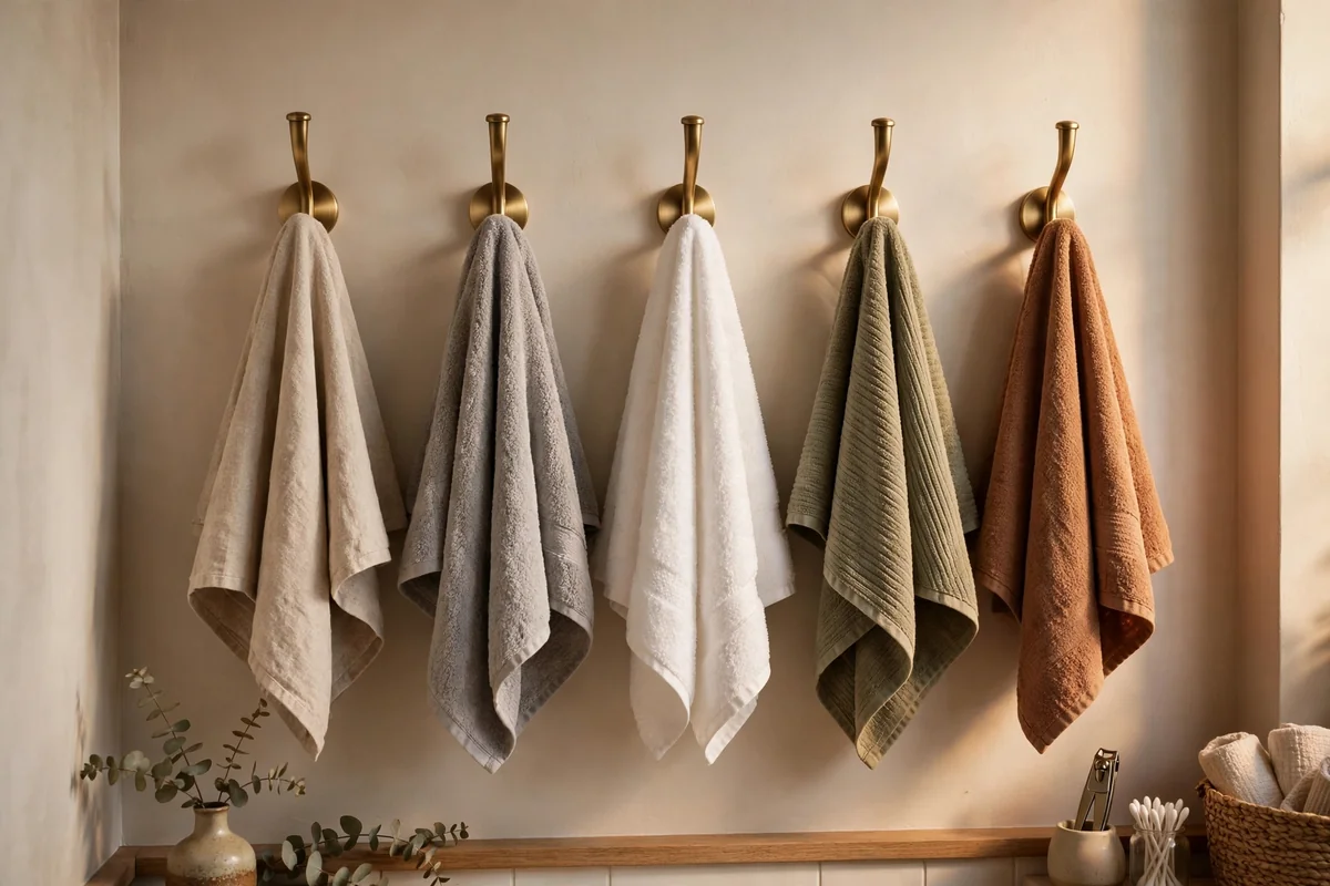 Row of brass peg hooks holding everyday towels at even spacing