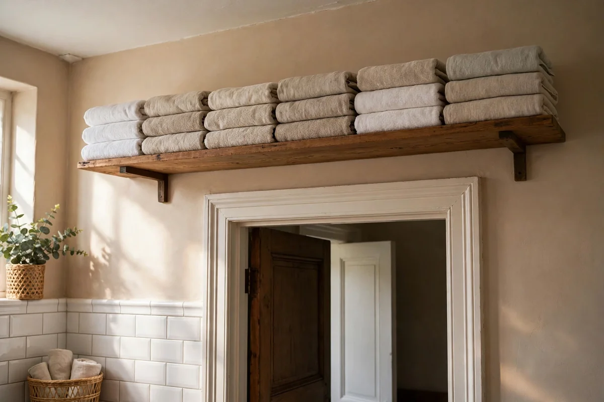 High shelf above a bathroom doorway holding folded spare towels