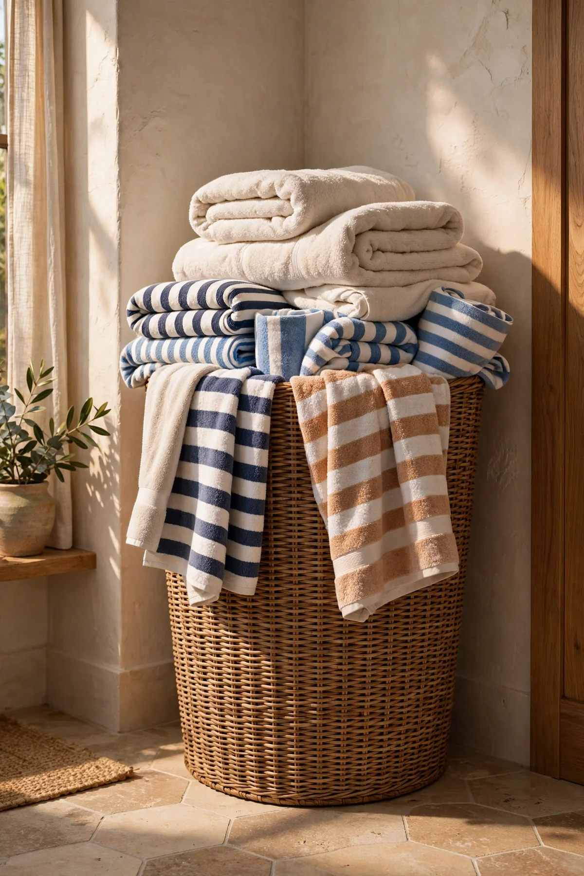 Tall woven hamper bin filled with folded bath sheets and beach towels