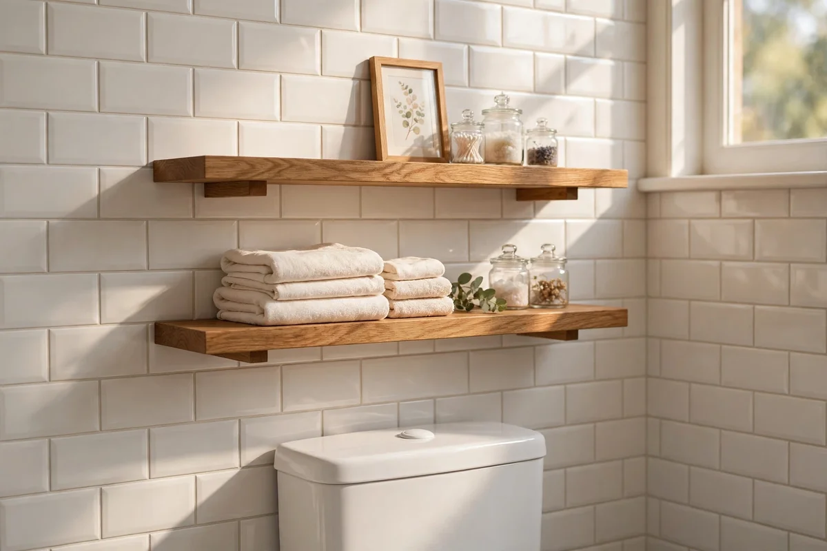 Two floating oak shelves above a toilet holding folded towels, glass jars and a small plant