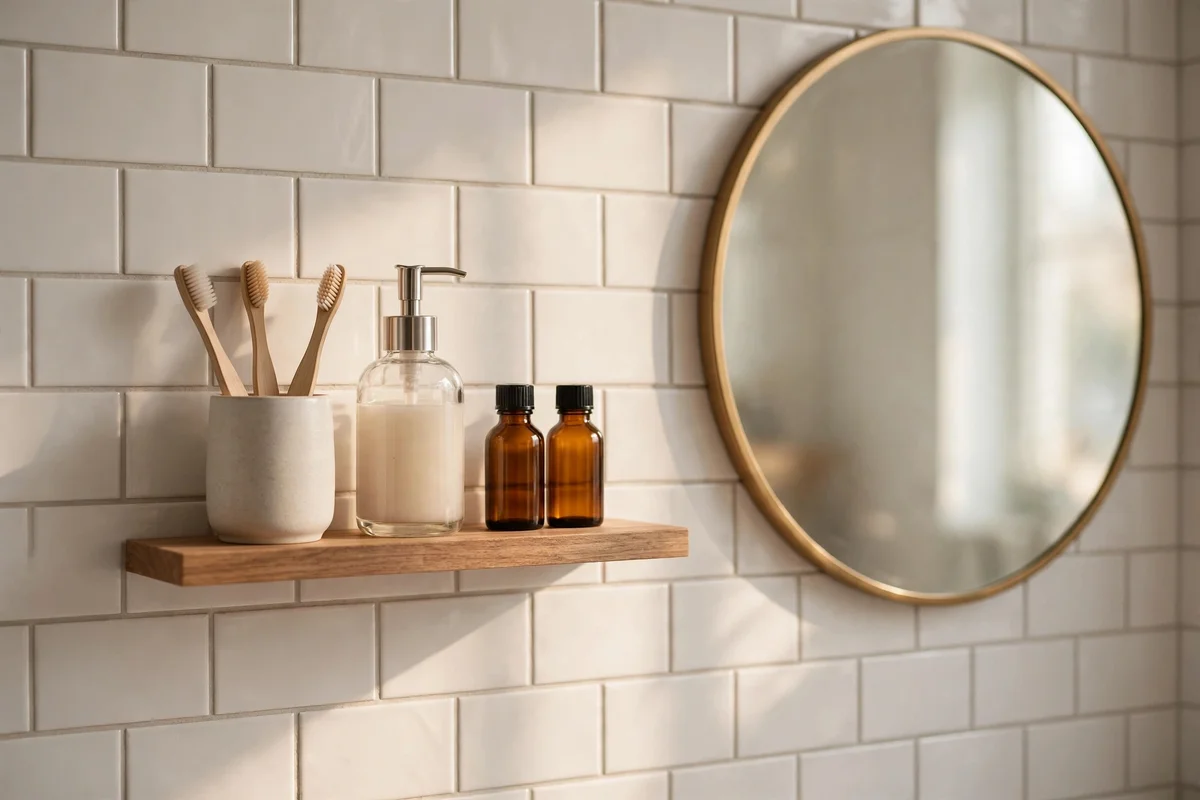 Slim floating shelf beside a bathroom mirror holding a soap pump, toothbrush cup and two bottles