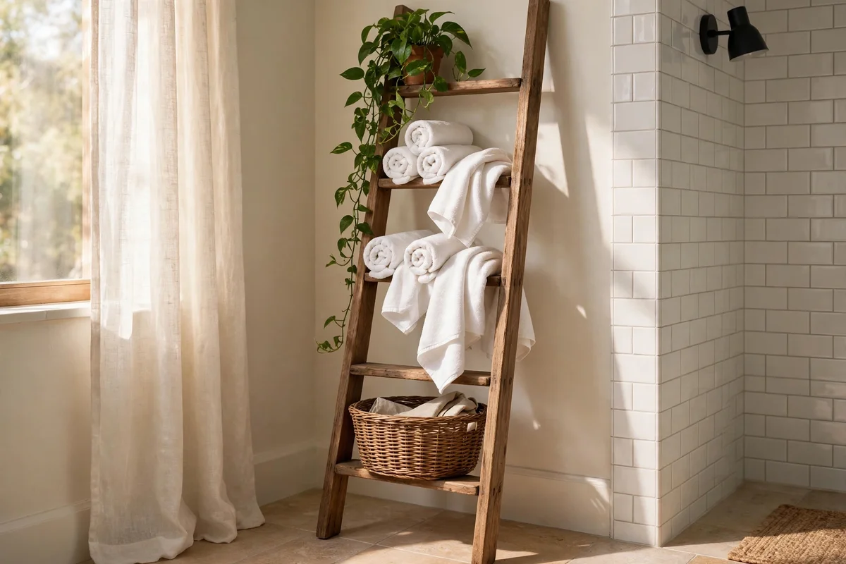 Wooden ladder shelf in a bathroom corner holding rolled towels, a woven basket and a trailing plant
