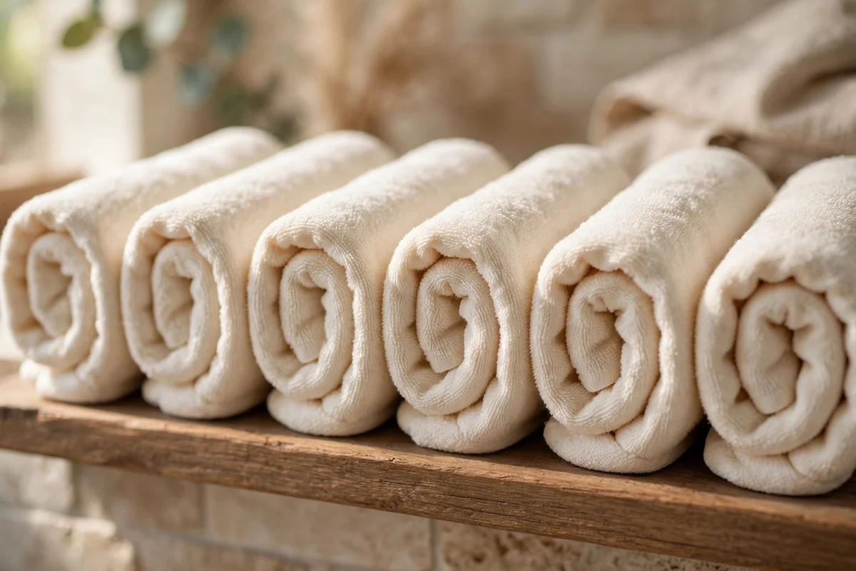 Neatly rolled cream hand towels lined up on a low bathroom shelf