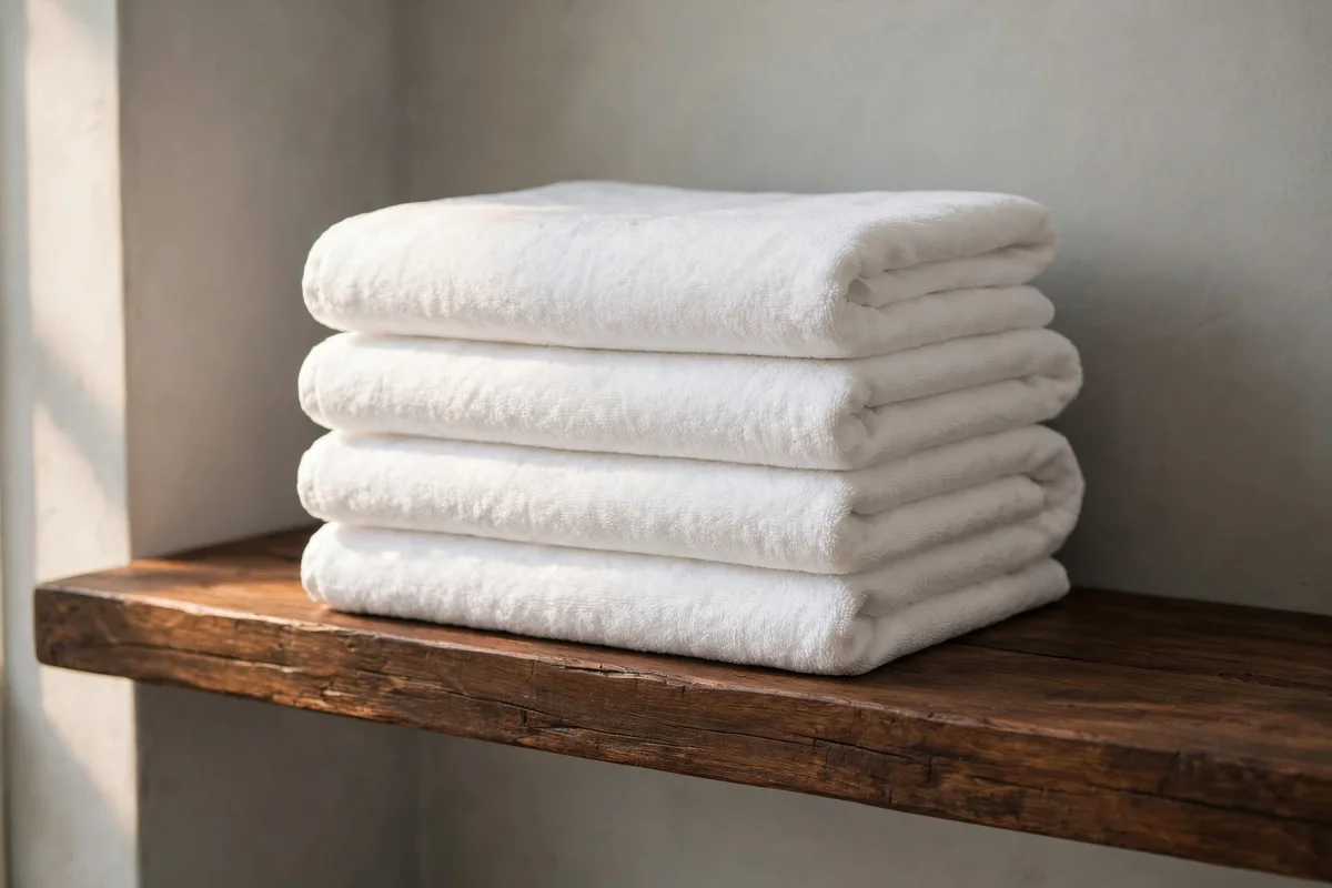 Stack of white bath towels folded in thirds on a wooden bathroom shelf