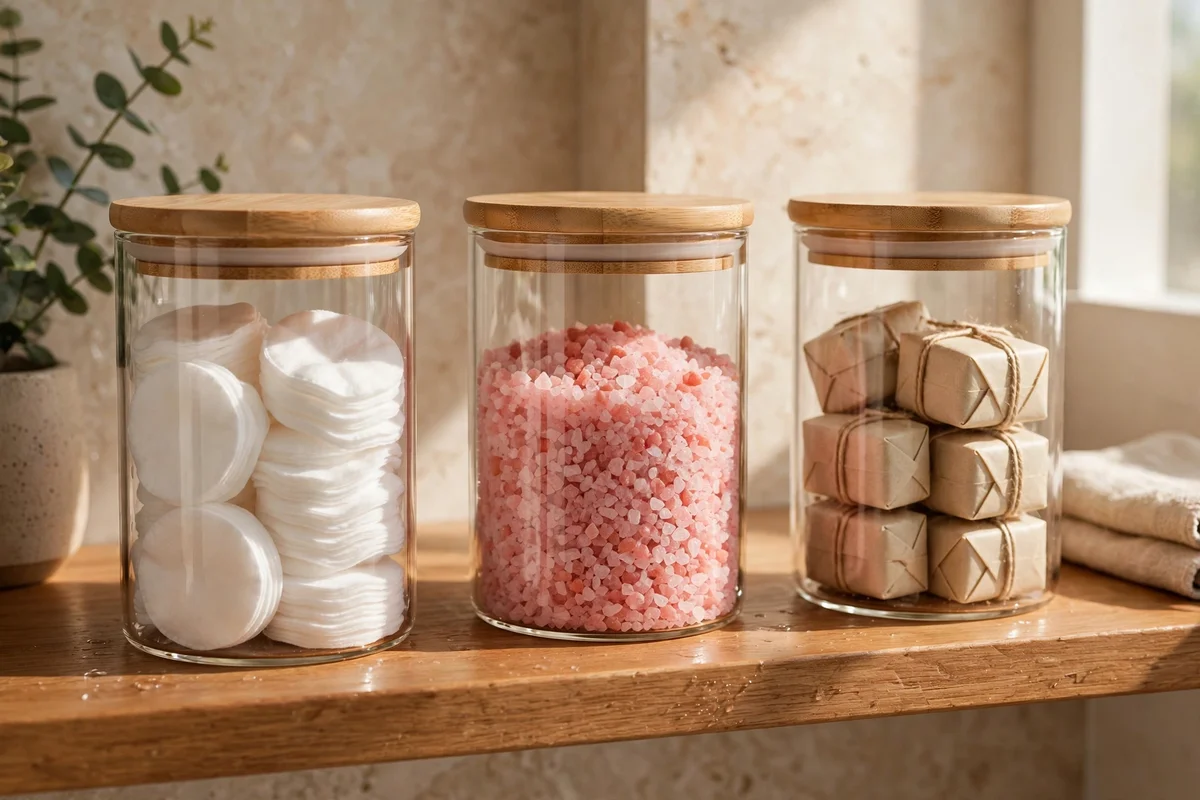 Three glass jars with bamboo lids holding cotton pads, bath salts and soap bars on a shelf