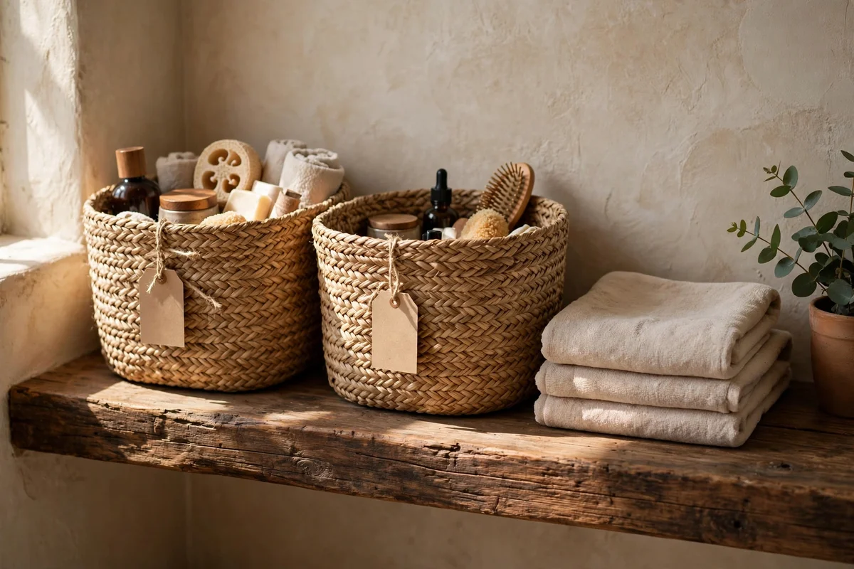 Woven seagrass baskets on a deep bathroom shelf hiding everyday toiletries